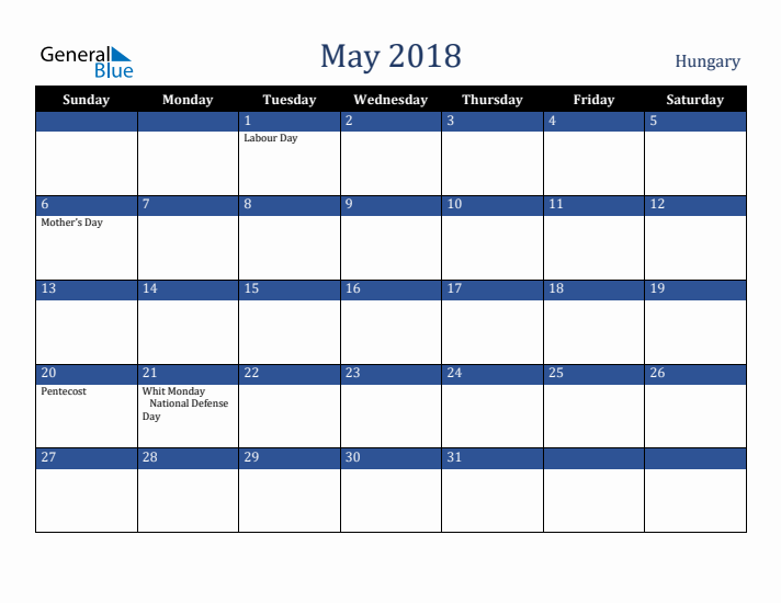 May 2018 Hungary Calendar (Sunday Start)