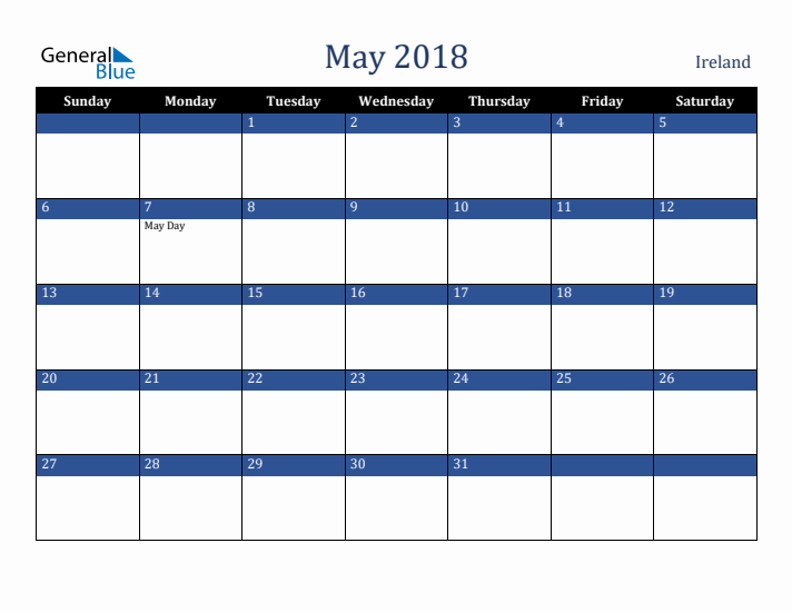 May 2018 Ireland Calendar (Sunday Start)