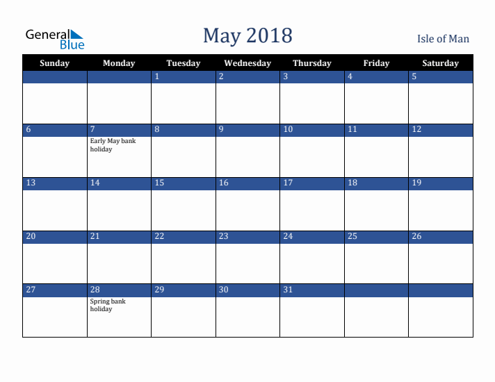 May 2018 Isle of Man Calendar (Sunday Start)