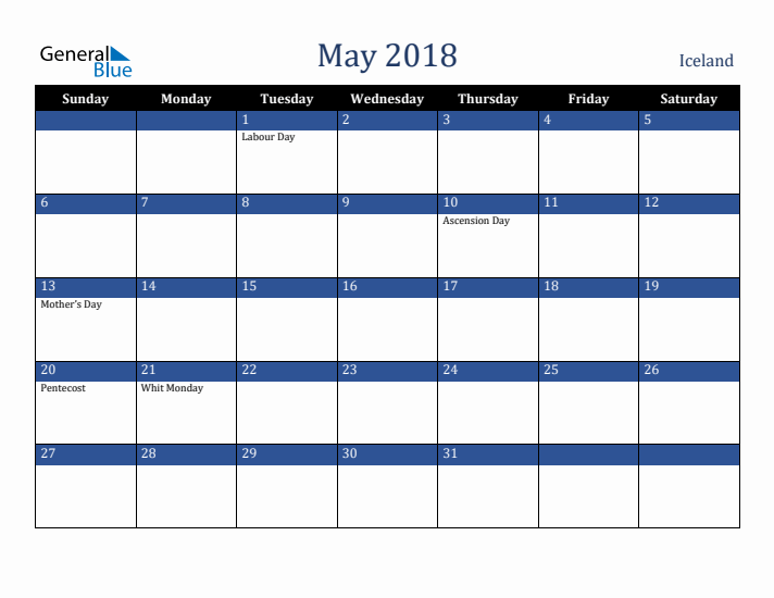 May 2018 Iceland Calendar (Sunday Start)