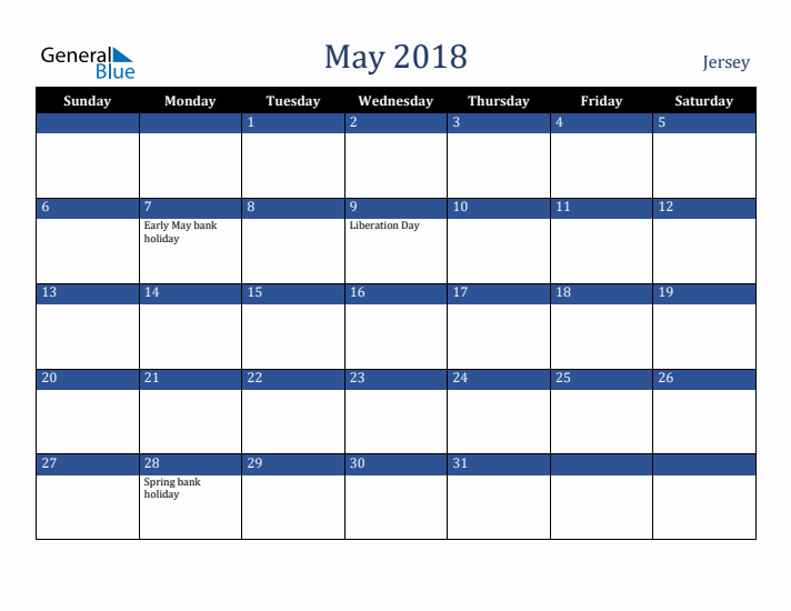 May 2018 Jersey Calendar (Sunday Start)