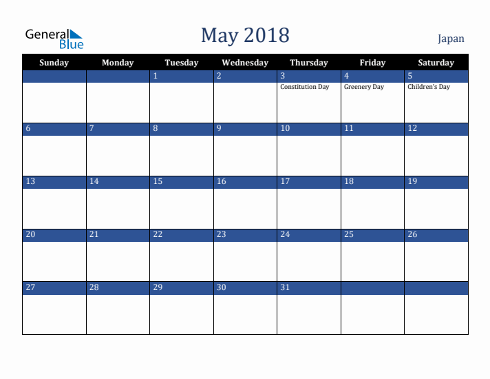 May 2018 Japan Calendar (Sunday Start)