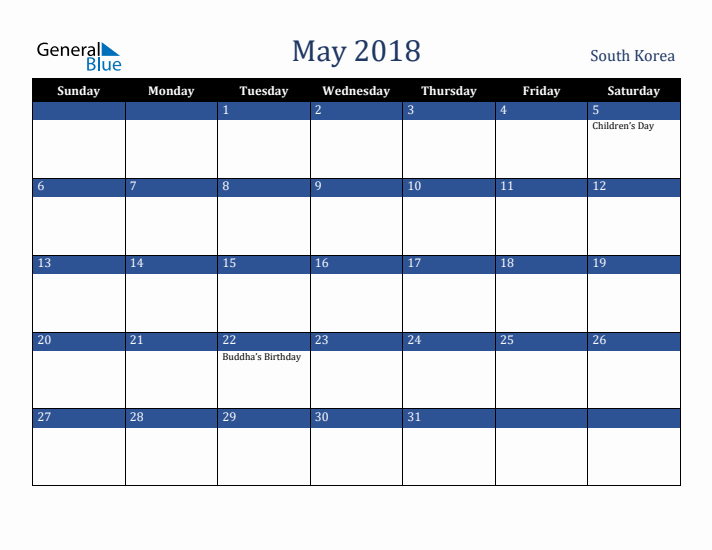 May 2018 South Korea Calendar (Sunday Start)