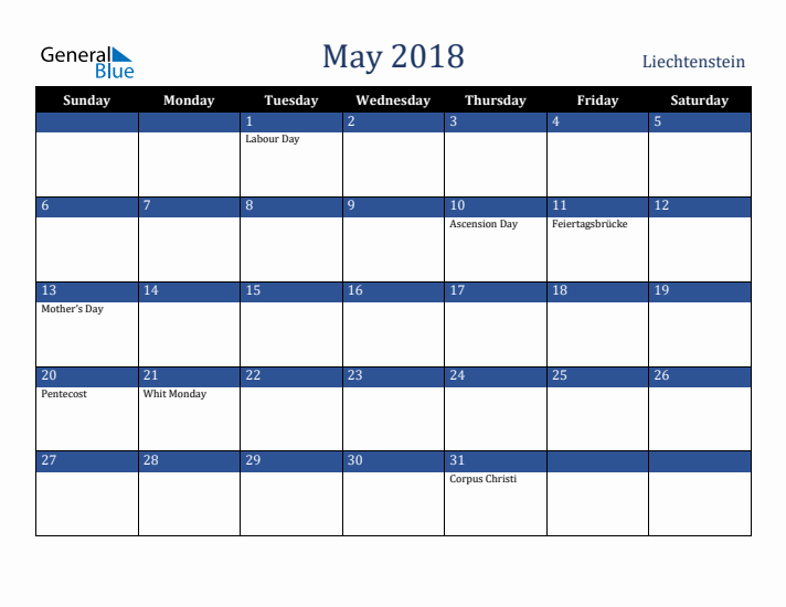 May 2018 Liechtenstein Calendar (Sunday Start)