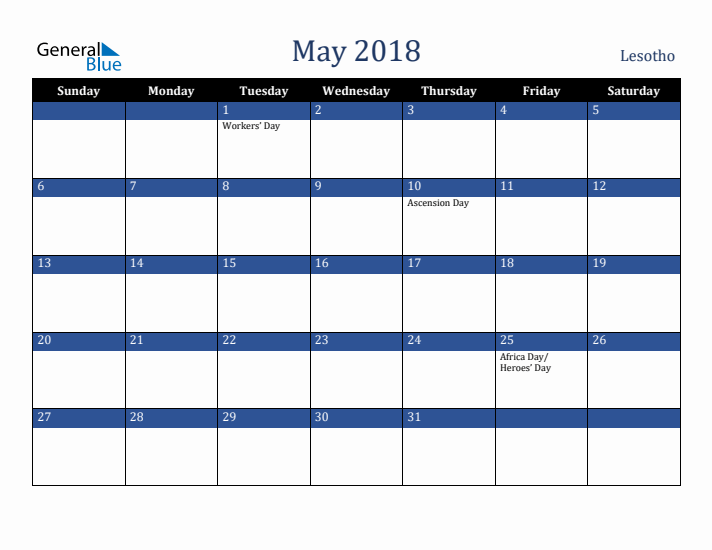 May 2018 Lesotho Calendar (Sunday Start)