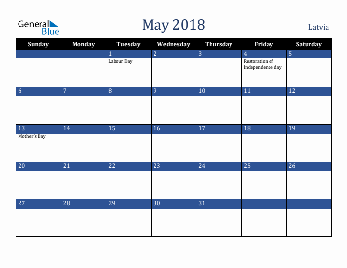May 2018 Latvia Calendar (Sunday Start)