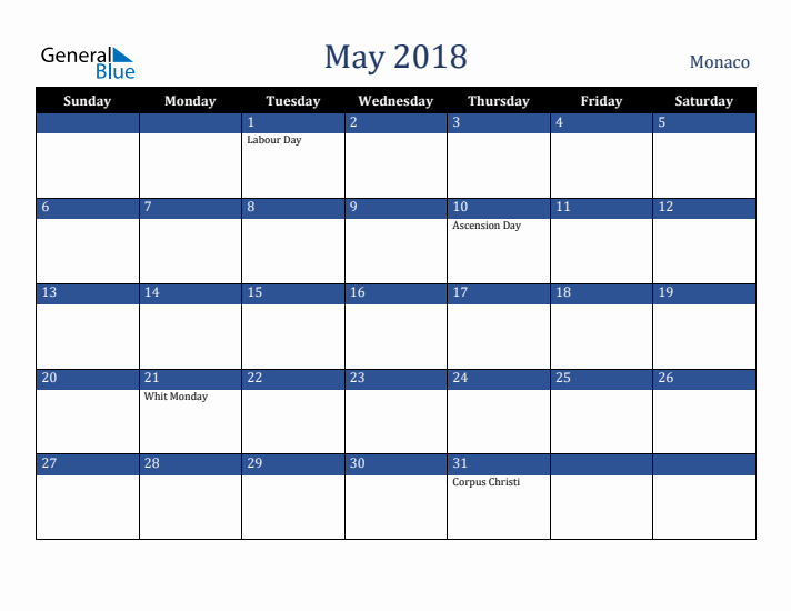 May 2018 Monaco Calendar (Sunday Start)