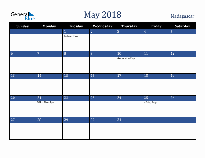 May 2018 Madagascar Calendar (Sunday Start)