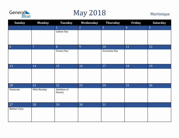 May 2018 Martinique Calendar (Sunday Start)