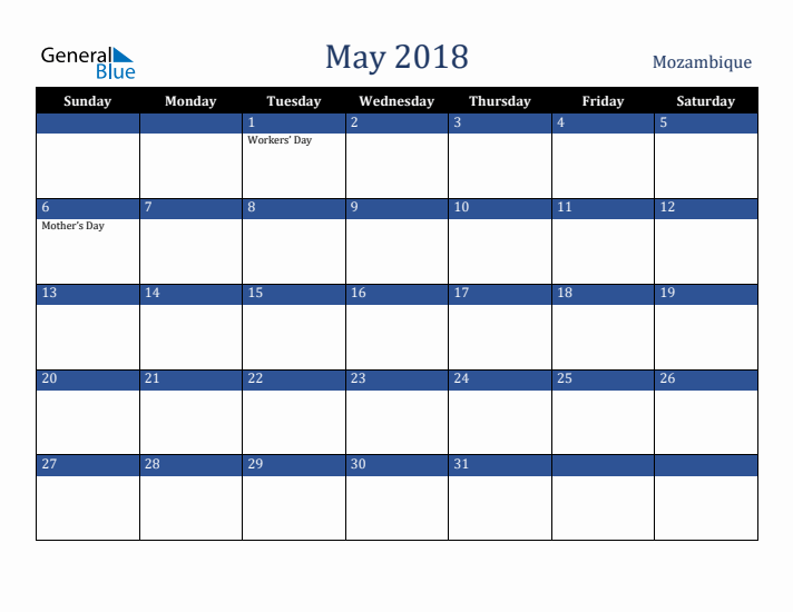 May 2018 Mozambique Calendar (Sunday Start)