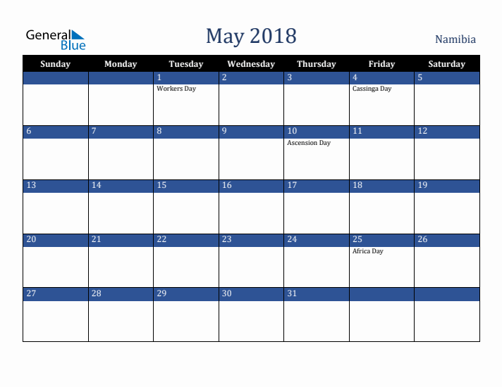 May 2018 Namibia Calendar (Sunday Start)