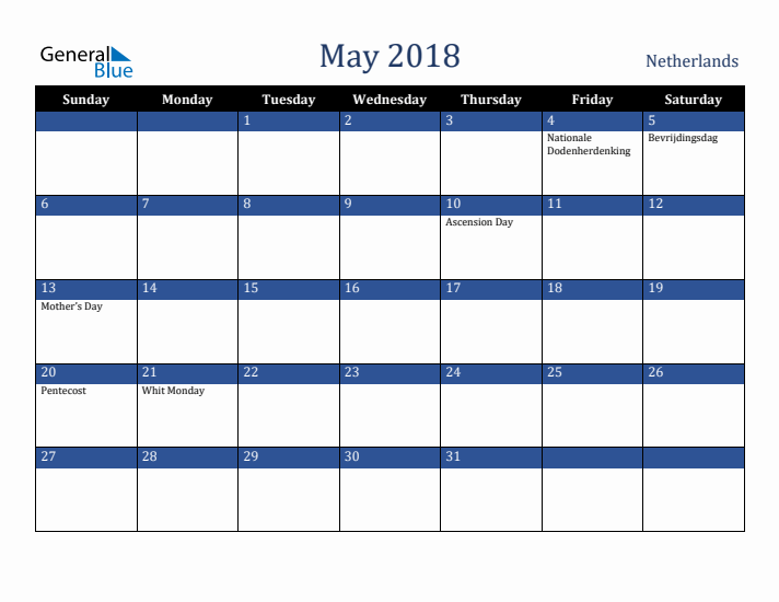 May 2018 The Netherlands Calendar (Sunday Start)