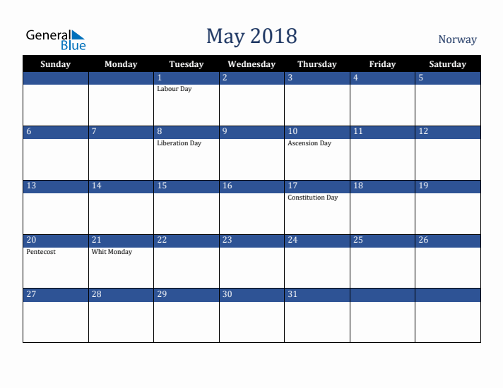 May 2018 Norway Calendar (Sunday Start)