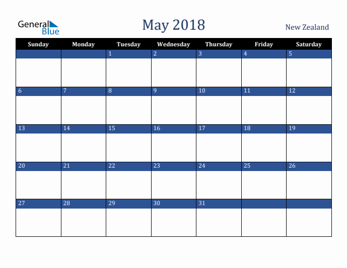 May 2018 New Zealand Calendar (Sunday Start)