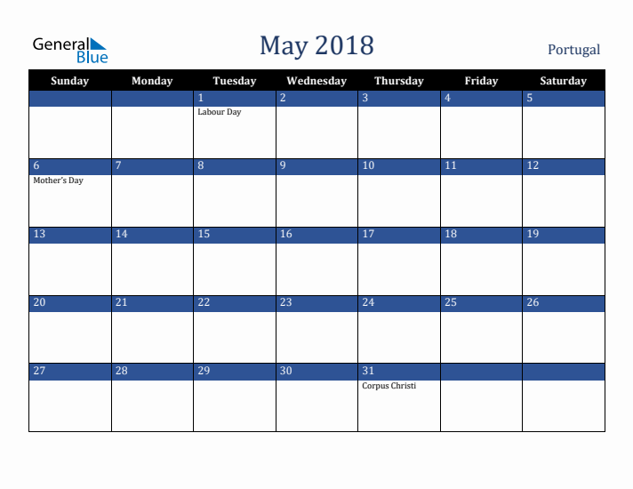 May 2018 Portugal Calendar (Sunday Start)
