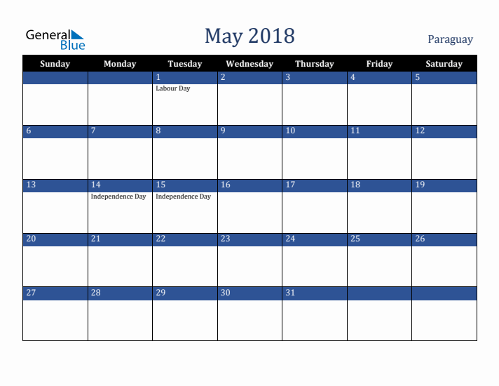 May 2018 Paraguay Calendar (Sunday Start)