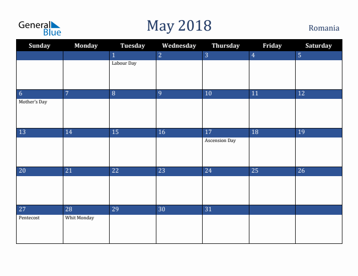 May 2018 Romania Calendar (Sunday Start)