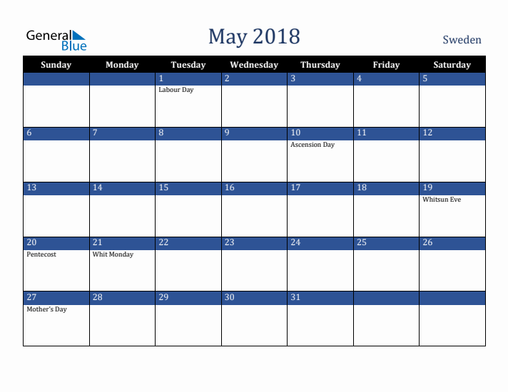 May 2018 Sweden Calendar (Sunday Start)