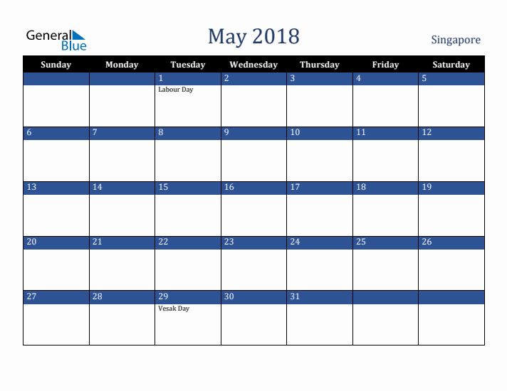 May 2018 Singapore Calendar (Sunday Start)