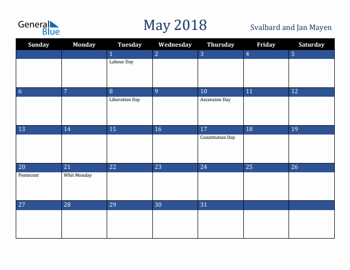 May 2018 Svalbard and Jan Mayen Calendar (Sunday Start)