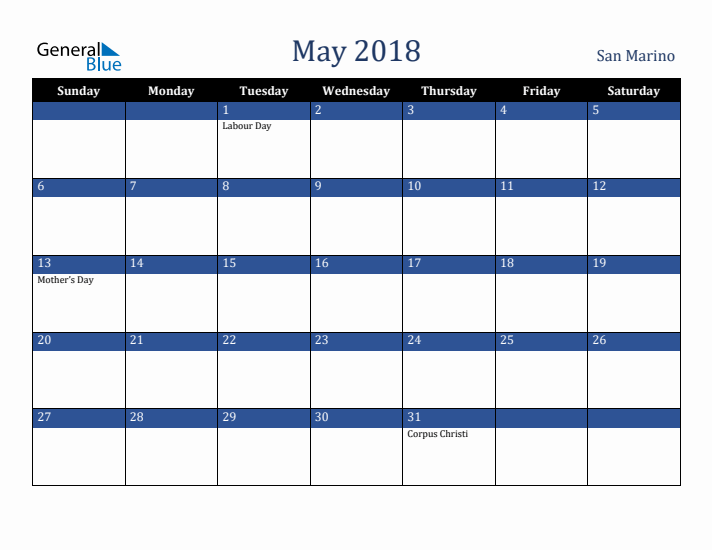 May 2018 San Marino Calendar (Sunday Start)