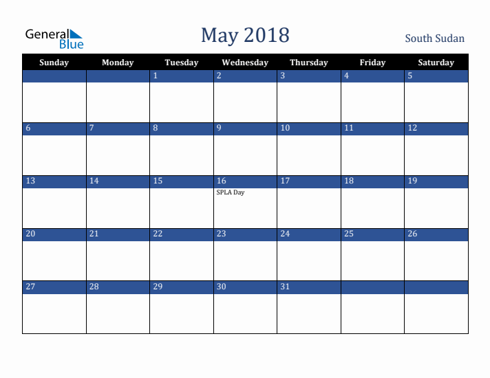 May 2018 South Sudan Calendar (Sunday Start)