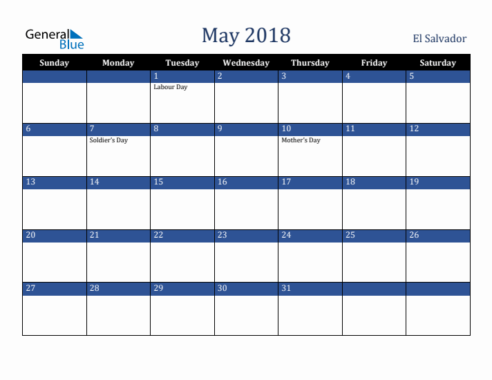 May 2018 El Salvador Calendar (Sunday Start)