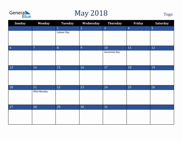 May 2018 Togo Calendar (Sunday Start)