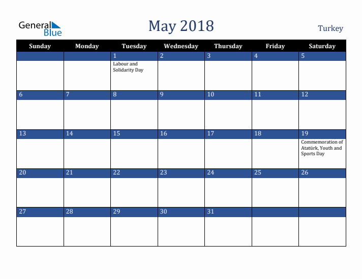 May 2018 Turkey Calendar (Sunday Start)