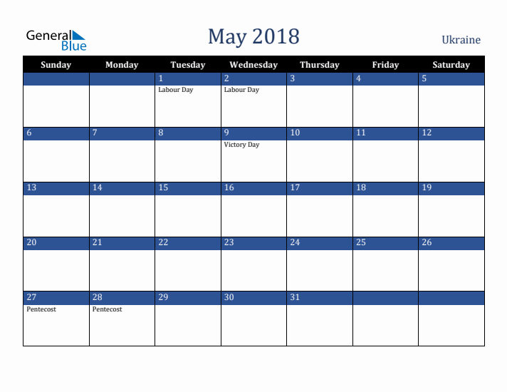May 2018 Ukraine Calendar (Sunday Start)