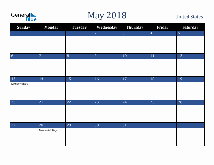 May 2018 United States Calendar (Sunday Start)