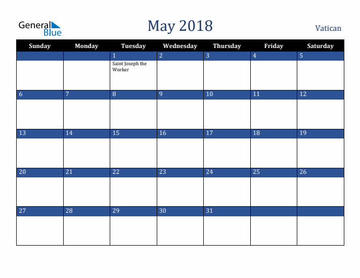 May 2018 Vatican Calendar (Sunday Start)