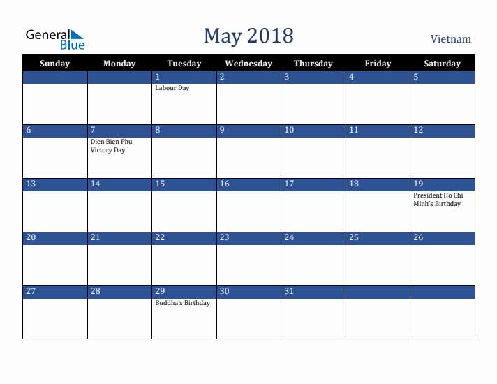 May 2018 Vietnam Calendar (Sunday Start)