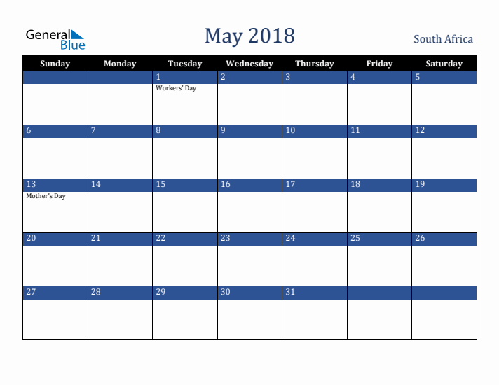 May 2018 South Africa Calendar (Sunday Start)