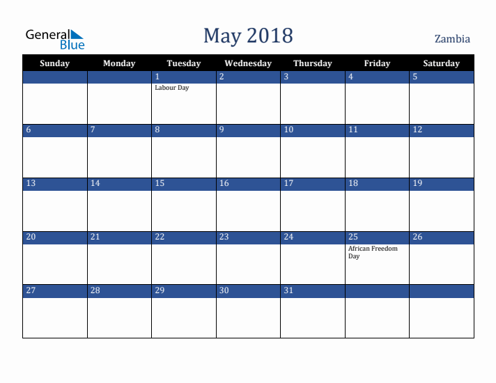 May 2018 Zambia Calendar (Sunday Start)