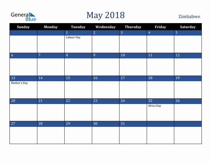 May 2018 Zimbabwe Calendar (Sunday Start)