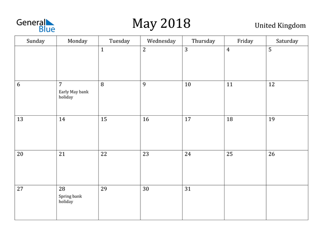 United Kingdom May 18 Calendar With Holidays