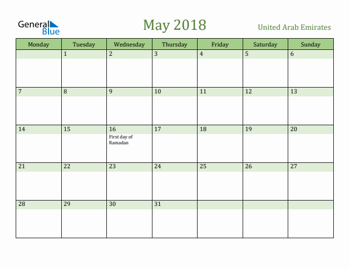 May 2018 Calendar with United Arab Emirates Holidays