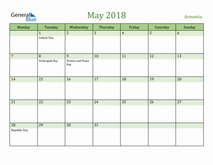 May 2018 Calendar with Armenia Holidays