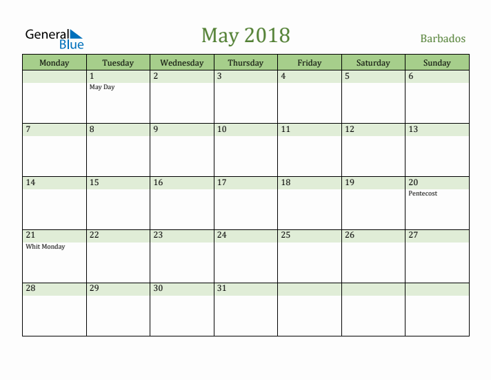 May 2018 Calendar with Barbados Holidays