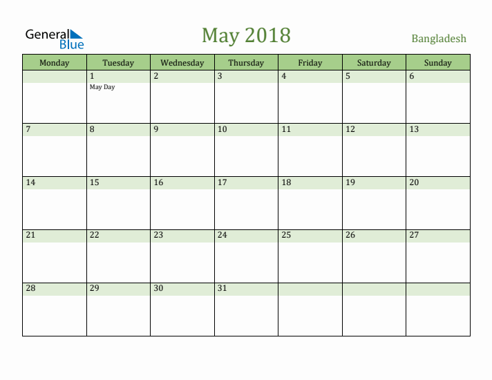 May 2018 Calendar with Bangladesh Holidays