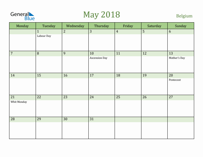 May 2018 Calendar with Belgium Holidays