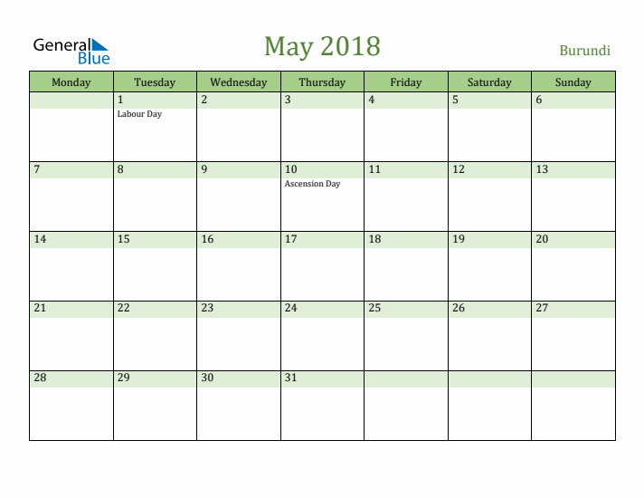 May 2018 Calendar with Burundi Holidays