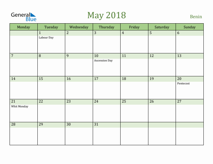 May 2018 Calendar with Benin Holidays
