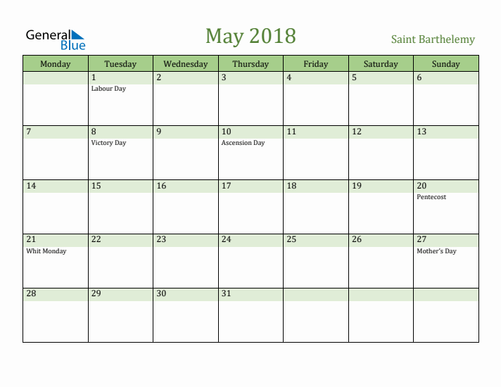 May 2018 Calendar with Saint Barthelemy Holidays