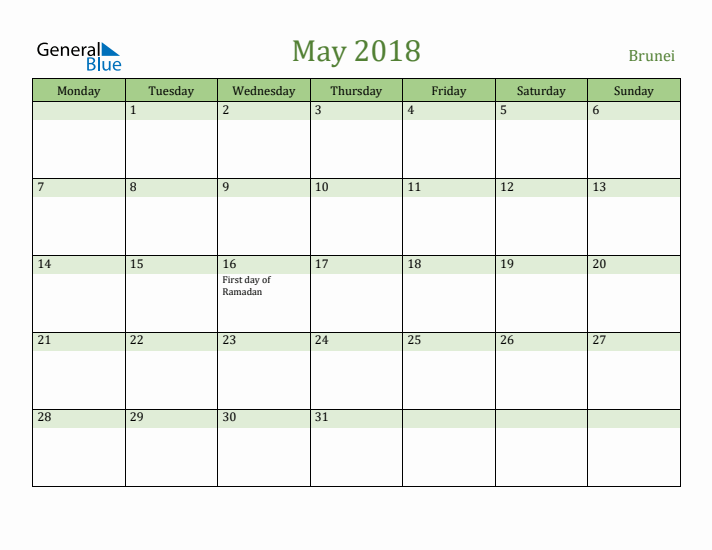 May 2018 Calendar with Brunei Holidays