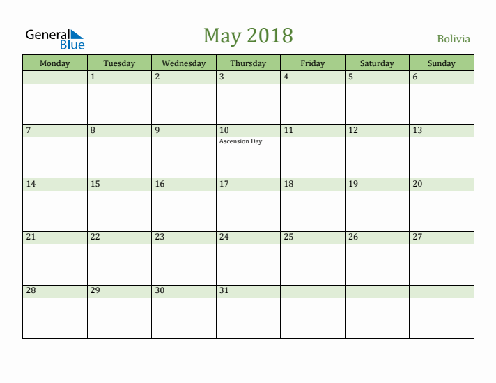 May 2018 Calendar with Bolivia Holidays