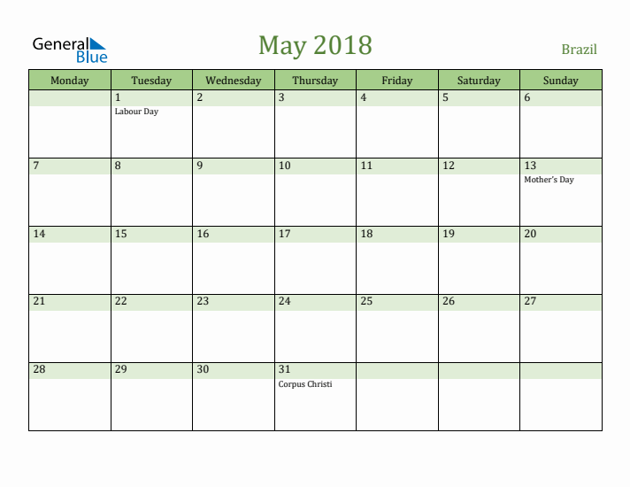 May 2018 Calendar with Brazil Holidays