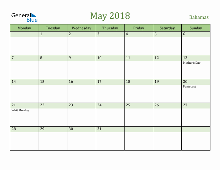 May 2018 Calendar with Bahamas Holidays