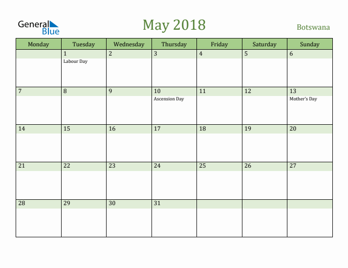 May 2018 Calendar with Botswana Holidays